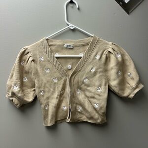 Ardene Women’s Light Brown Floral Embroidered Cropped Cardigan with Puff Sleeves